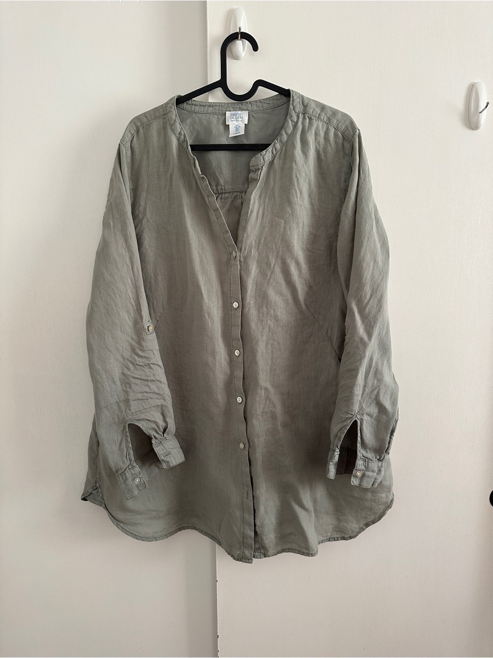 Sigrid Olsen 100% Linen Shirt Size L Sage Green Band Collar Button Up